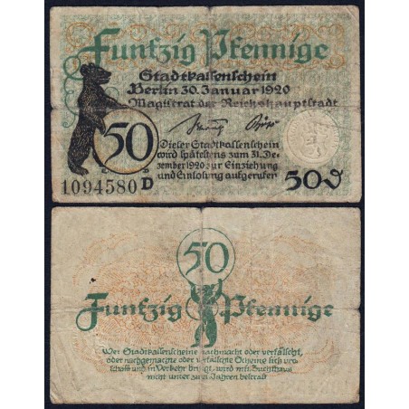 Allemagne - Notgeld - Berlin - 50 pfennig - Série D - 30/01/1920 - Etat : B