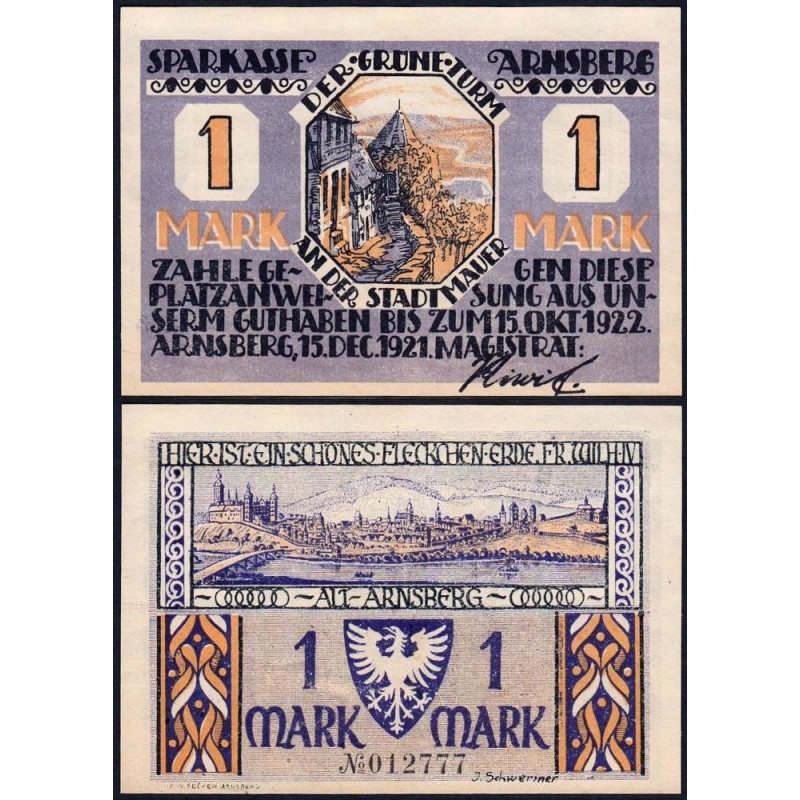 Allemagne - Notgeld - Arnsberg - 1 mark - 15/12/1921 - Etat : NEUF