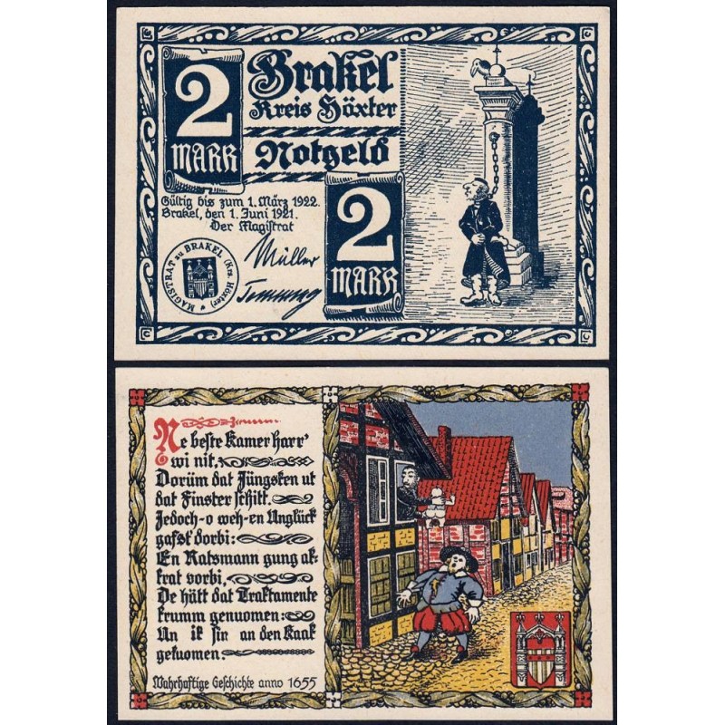 Allemagne - Notgeld - Brakel - 2 mark - Réf. 1 - 01/06/1921 - Etat : NEUF