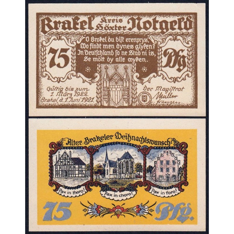 Allemagne - Notgeld - Brakel - 75 pfennig - Réf. 3 - 01/06/1921 - Etat : NEUF