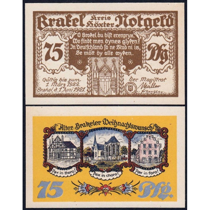 Allemagne - Notgeld - Brakel - 75 pfennig - Réf. 3 - 01/06/1921 - Etat : NEUF