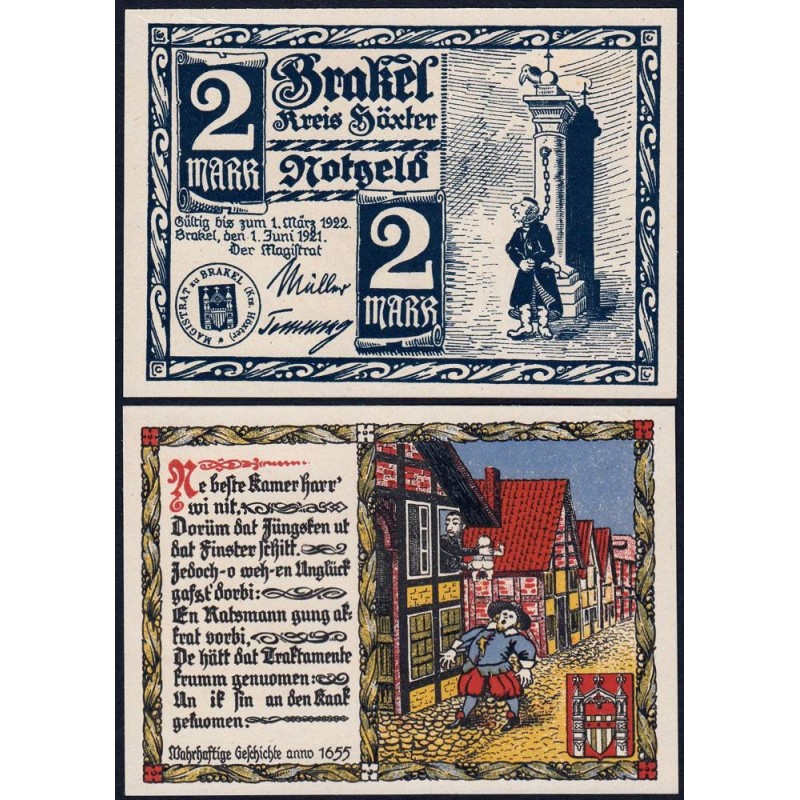 Allemagne - Notgeld - Brakel - 2 mark - Réf. 1 - 01/06/1921 - Etat : NEUF