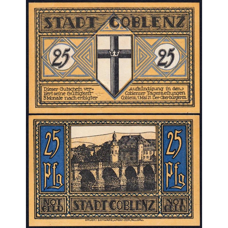 Allemagne - Notgeld - Coblenz - 25 pfennig - 01/05/1921 - Etat : NEUF