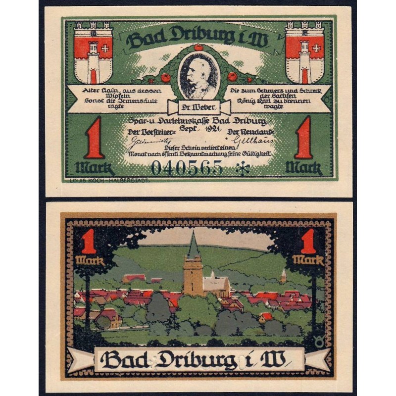 Allemagne - Notgeld - Driburg - 1 mark - 09/1921 - Etat : SPL