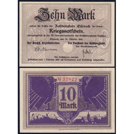 Allemagne - Notgeld - Eisenach - 10 mark - 24/10/1918 - Etat : NEUF