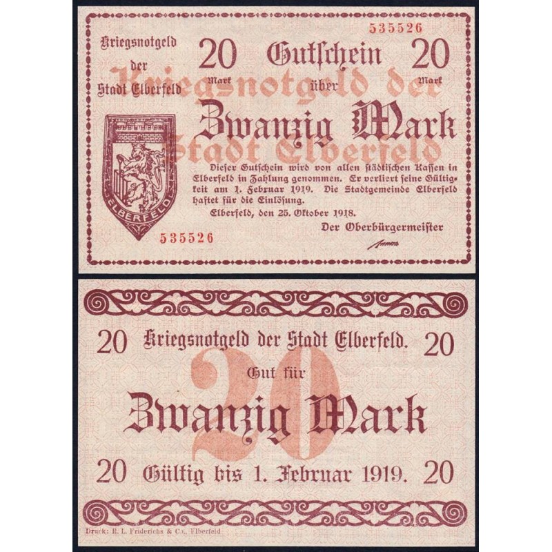 Allemagne - Notgeld - Elberfeld (Wuppertal) - 20 mark - Sans série - 25/10/1918 - Etat : NEUF