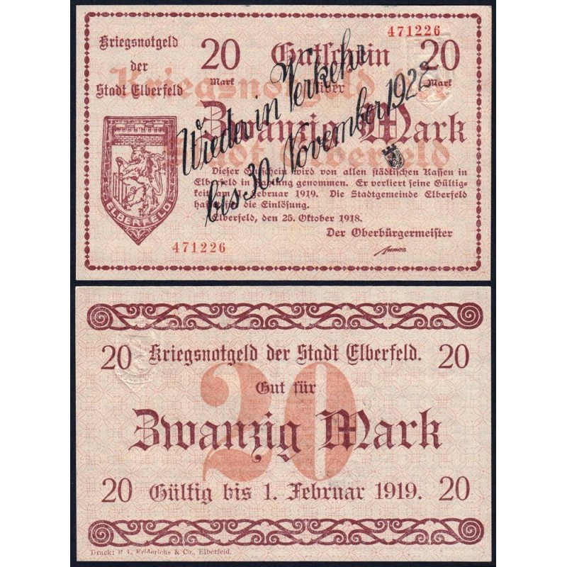 Allemagne - Notgeld - Elberfeld (Wuppertal) - 20 mark - Sans série - 1922 - Etat : NEUF