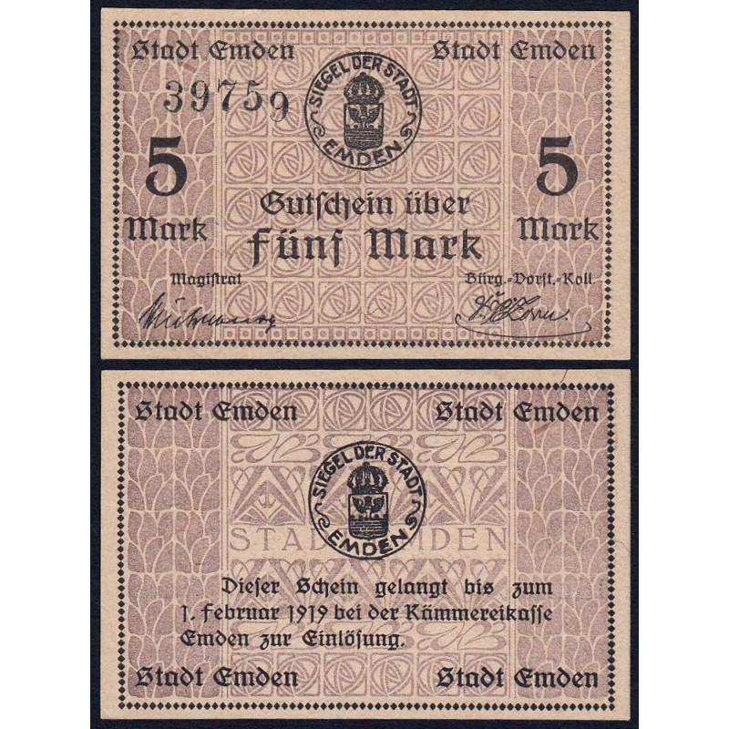 Allemagne - Notgeld - Emden - 5 mark - 1918 - Etat : NEUF