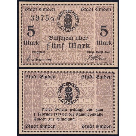 Allemagne - Notgeld - Emden - 5 mark - 1918 - Etat : NEUF