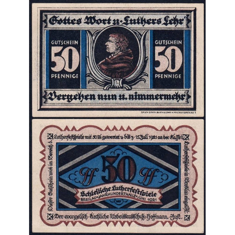 Pologne - Notgeld - Breslau (Wroclaw) - 50 pfennig - Lettre L - 06/1921 - Etat : NEUF