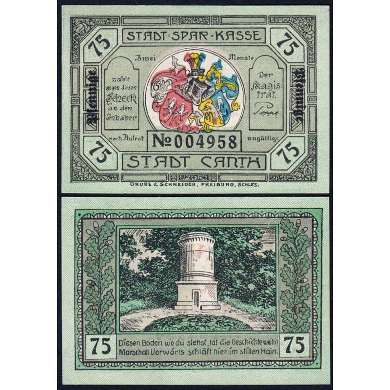 Pologne - Notgeld - Canth (Katy) - 75 pfennig - Réf. 1 - Type 1 - 1922 - Etat : NEUF