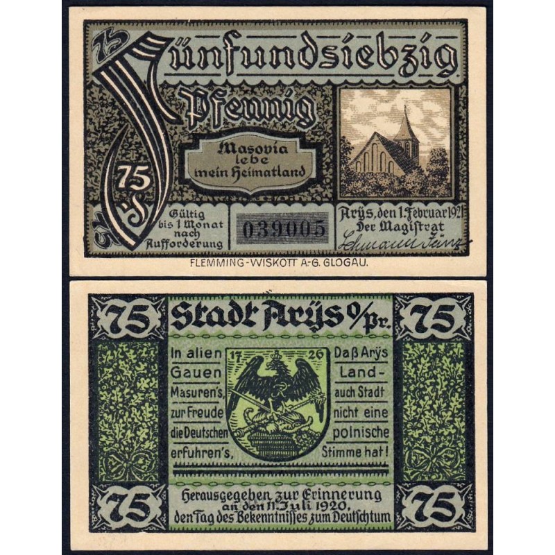 Pologne - Notgeld - Arÿs (Orzysz) - 75 pfennig - 01/02/1921 - Etat : NEUF