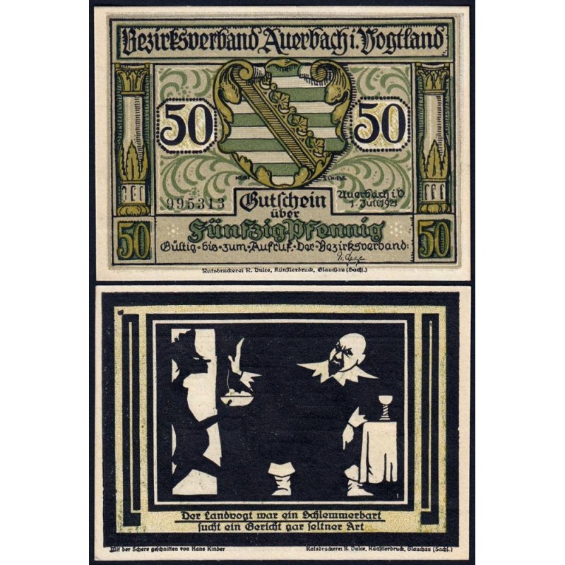 Allemagne - Notgeld - Auerbach - 50 pfennig - Illustration 1 - Type c - 01/07/1921 - Etat : NEUF