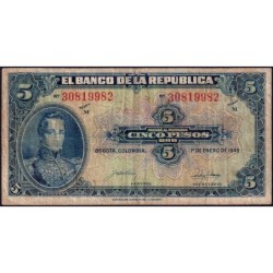 Colombie - Pick 386c_2 - 5 pesos oro - Série M - 01/01/1945 - Etat : TB-