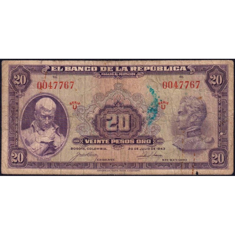 Colombie - Pick 392a - 20 pesos oro - Série U - 20/07/1943 - Etat : B