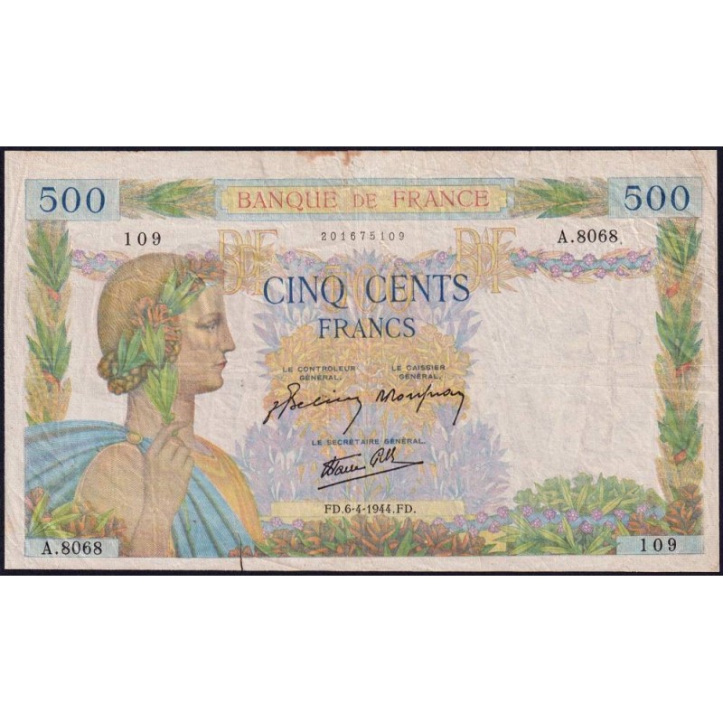 F 32-46 - 06/04/1944 - 500 francs - La Paix - Série A.8068 - Etat : B