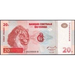 Rép. Démocr. du Congo - Pick 88A - 20 francs - Série J H - 01/11/1997 - Etat : NEUF