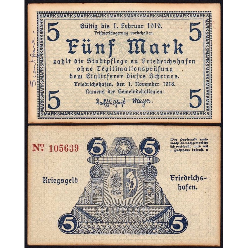 Allemagne - Notgeld - Friedrichshafen - 5 mark - 01/11/1918 - Etat : TTB+