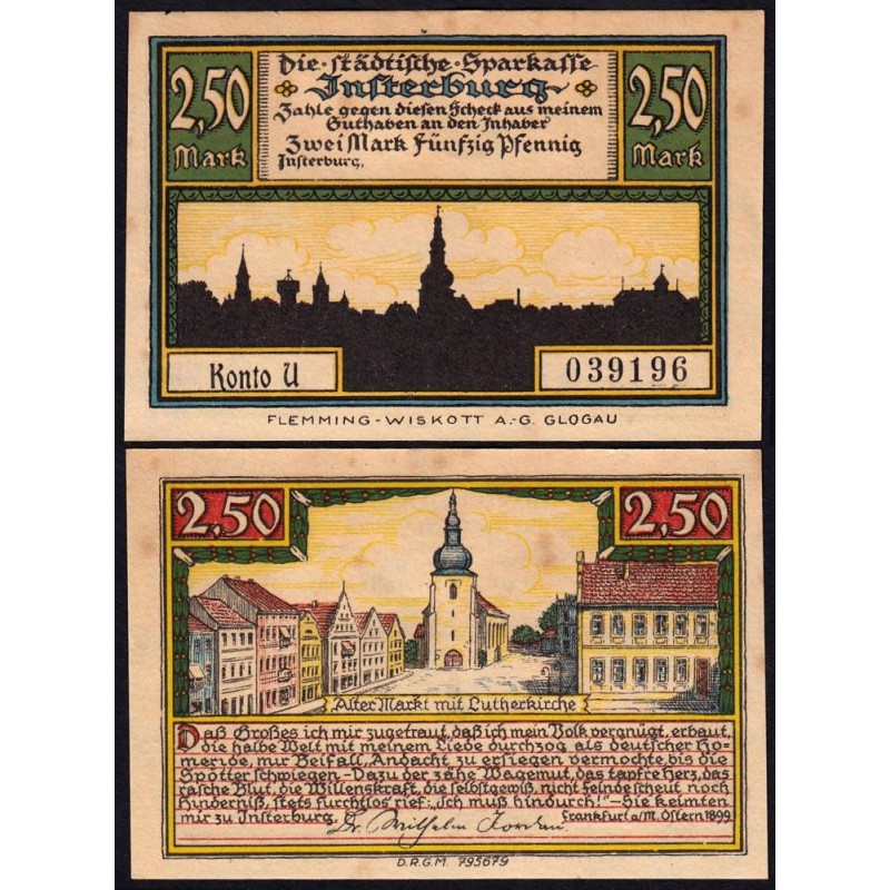 Russie - Notgeld - Insterburg (Tcherniakhovsk) - 2,50 mark - Série U - 1922 - Etat : SPL