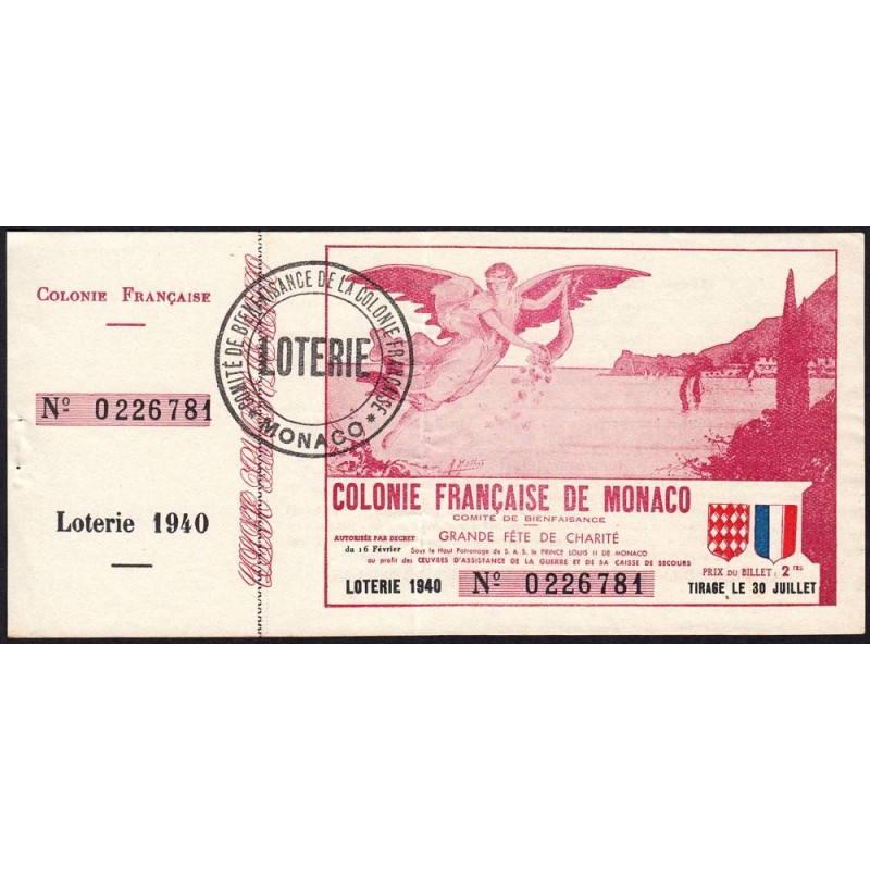 Colonie Française de Monaco - Loterie - 1 franc - 16/02/1940 - Etat : TTB+