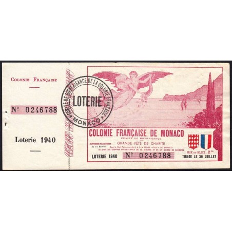 Colonie Française de Monaco - Loterie - 1 franc - 16/02/1940 - Etat : TTB