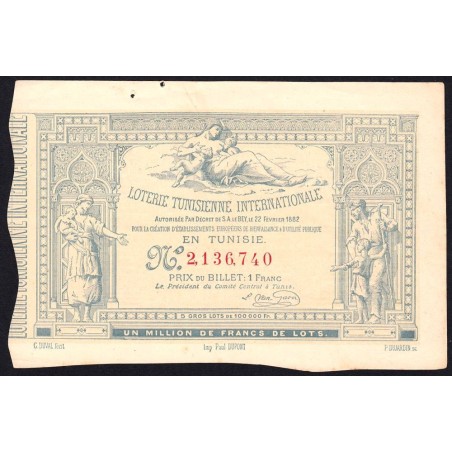 Tunisie - Billet de loterie - 1 franc - 22/02/1882 - Etat : SUP