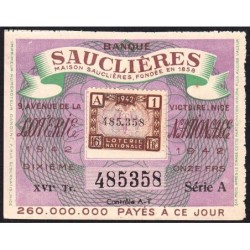 1942 - Loterie Nationale - 16e tranche A - 1/10ème - Nice -  Banque Sauclières - Etat : SUP+