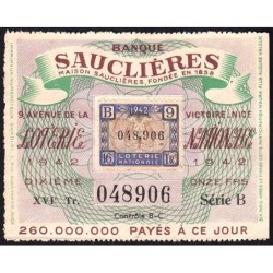 1942 - Loterie Nationale - 16e tranche B - 1/10ème - Nice -  Banque Sauclières - Etat : TTB+