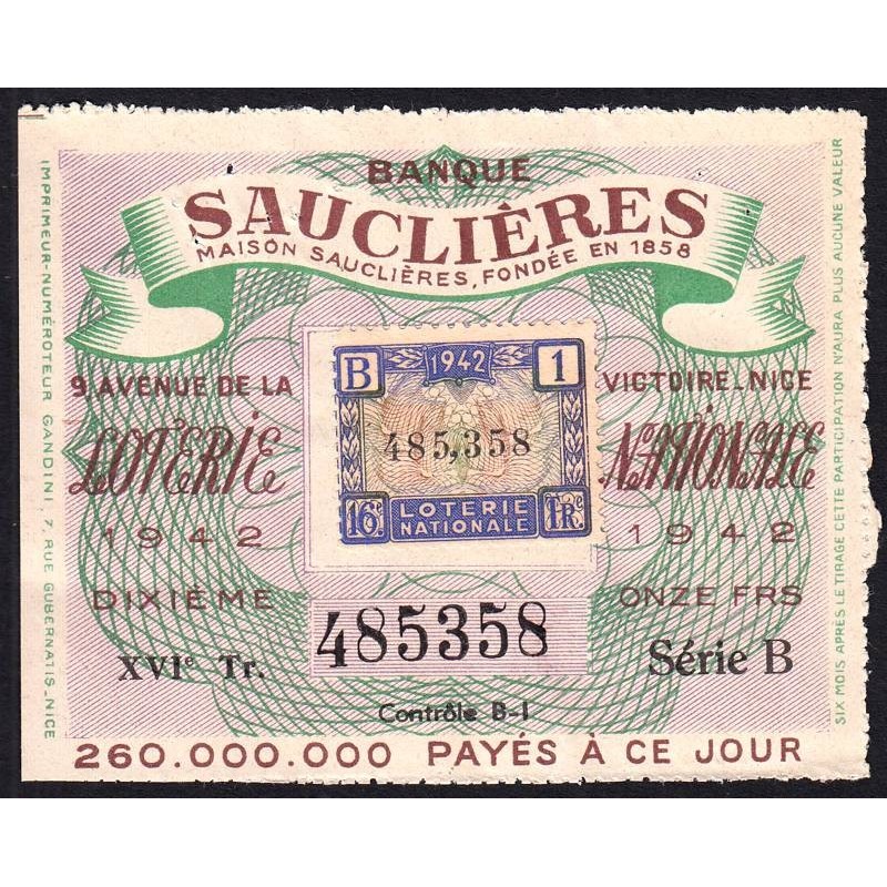 1942 - Loterie Nationale - 16e tranche B - 1/10ème - Nice -  Banque Sauclières - Etat : TTB