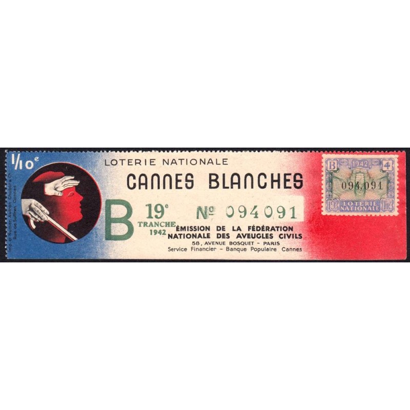 1942 - Loterie Nationale - 19e tranche B - 1/10ème - Cannes Blanches - Etat : SUP+