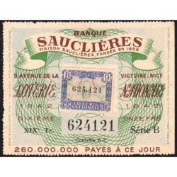 1942 - Loterie Nationale - 19e tranche B - 1/10ème - Nice -  Banque Sauclières - Etat : SUP+