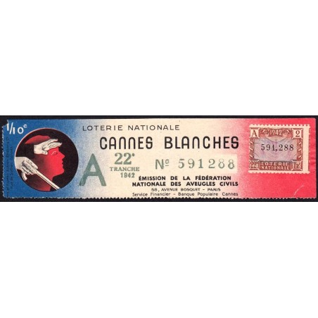 1942 - Loterie Nationale - 22e tranche A - 1/10ème - Cannes Blanches - Etat : TTB