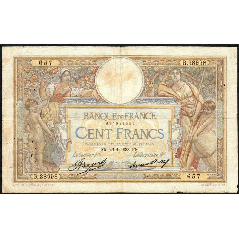 F 24-12 - 26/01/1933 - 100 francs - Merson grands cartouches - Série R.38998 - Etat : TB