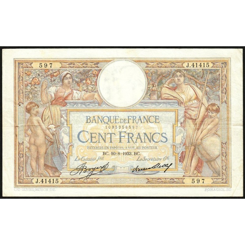 F 24-12a - 10/08/1933 - 100 francs - Merson grands cartouches - Série J.41415 - Etat : TTB