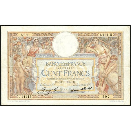 F 24-12a - 10/08/1933 - 100 francs - Merson grands cartouches - Série J.41415 - Etat : TTB