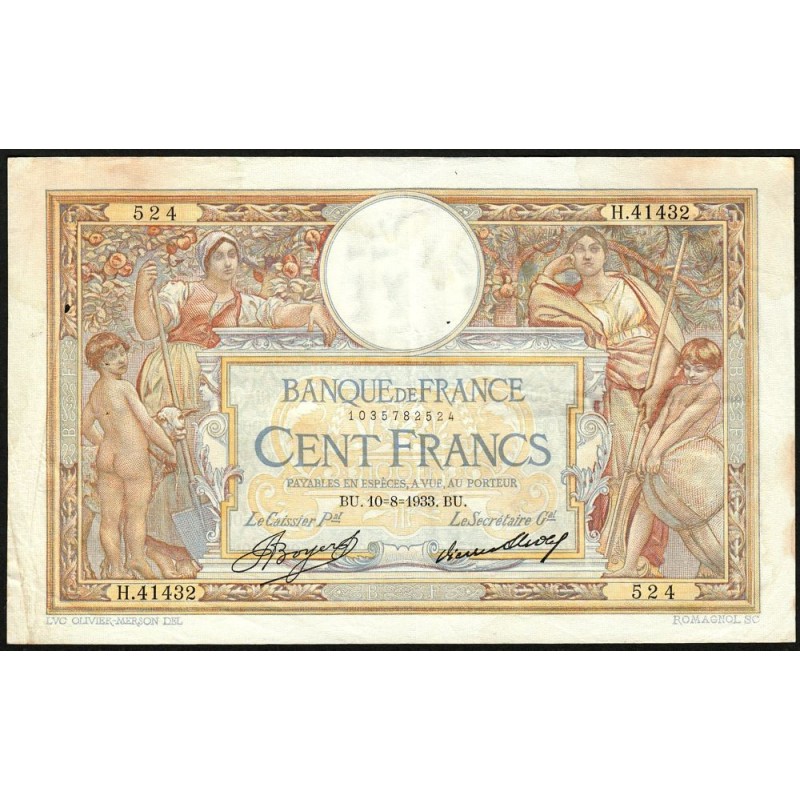 F 24-12a - 10/08/1933 - 100 francs - Merson grands cartouches - Série H.41432 - Etat : TTB-