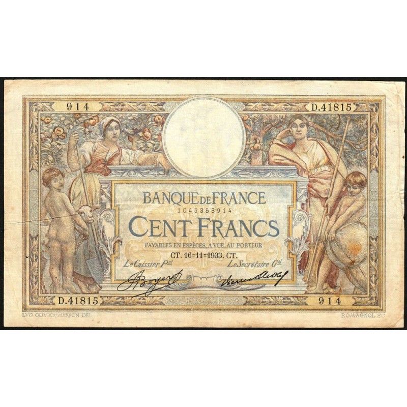 F 24-12a - 16/11/1933 - 100 francs - Merson grands cartouches - Série D.41815 - Etat : TB+