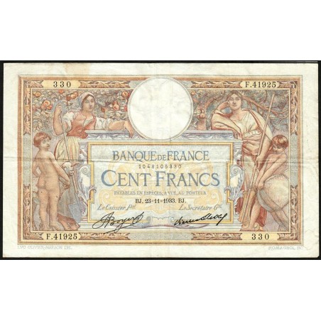 F 24-12a - 23/11/1933 - 100 francs - Merson grands cartouches - Série F.41925 - Etat : TTB-