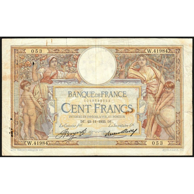 F 24-12a - 23/11/1933 - 100 francs - Merson grands cartouches - Série W.41984 - Remplacem. - Etat : TB