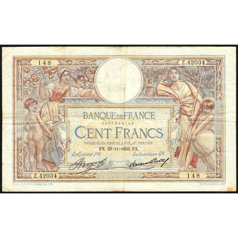 F 24-12a - 23/11/1933 - 100 francs - Merson grands cartouches - Série Z.42034 - Etat : TB+