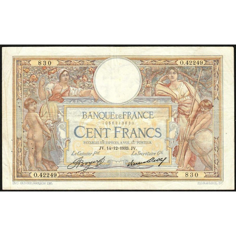 F 24-12a - 14/12/1933 - 100 francs - Merson grands cartouches - Série O.42249 - Etat : TTB-