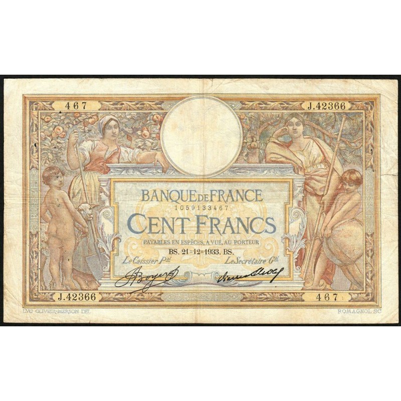 F 24-12a - 21/12/1933 - 100 francs - Merson grands cartouches - Série J.42366 - Etat : TB-