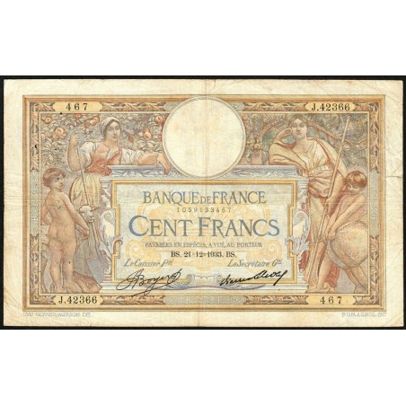 F 24-12a - 21/12/1933 - 100 francs - Merson grands cartouches - Série J.42366 - Etat : TB-