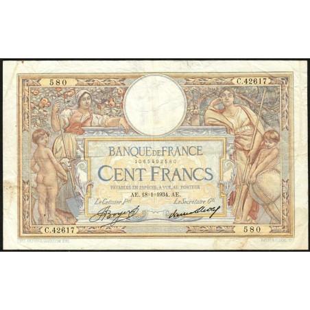 F 24-13 - 18/01/1934 - 100 francs - Merson grands cartouches - Série C.42617 - Etat : TB+