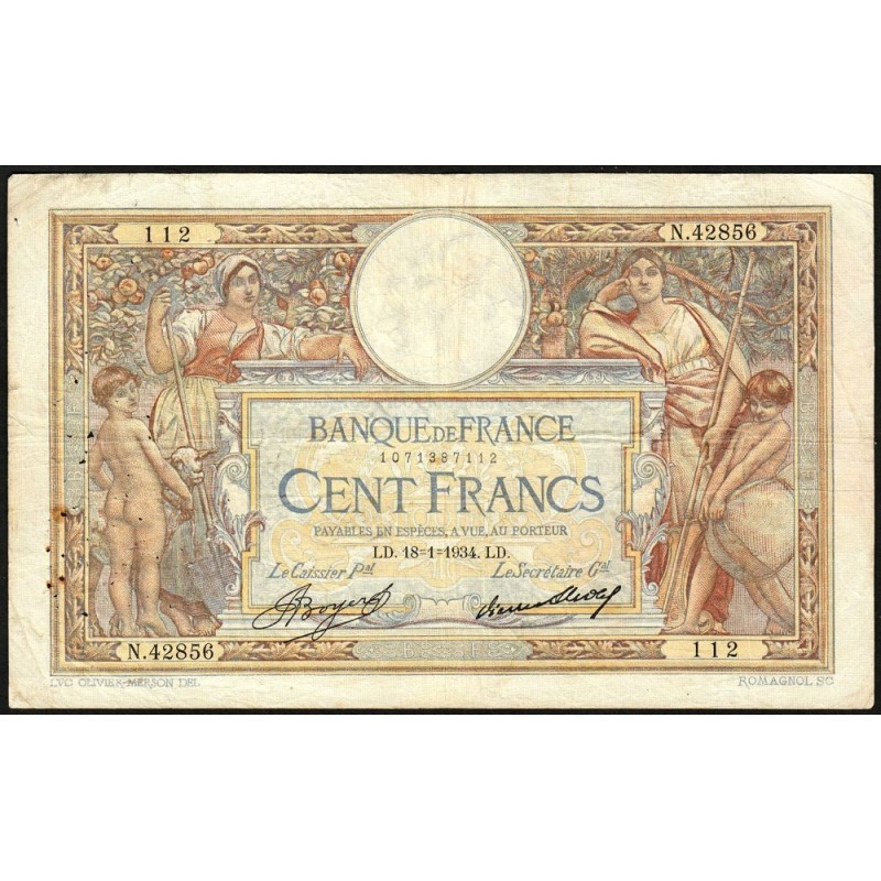 F 24-13 - 18/01/1934 - 100 francs - Merson grands cartouches - Série N.42856 - Etat : TB