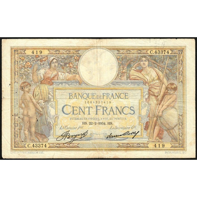 F 24-13 - 22/02/1934 - 100 francs - Merson grands cartouches - Série C.43374 - Etat : TB