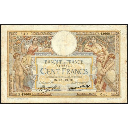 F 24-13 - 01/03/1934 - 100 francs - Merson grands cartouches - Série B.43668 - Etat : TB