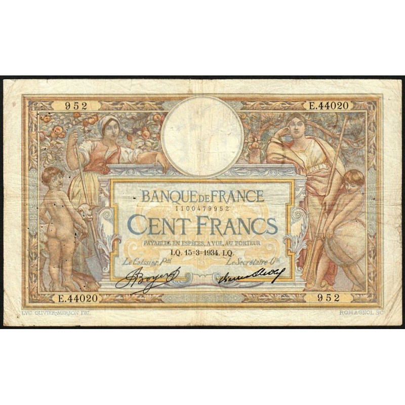 F 24-13 - 15/03/1934 - 100 francs - Merson grands cartouches - Série E.44020 - Etat : TB