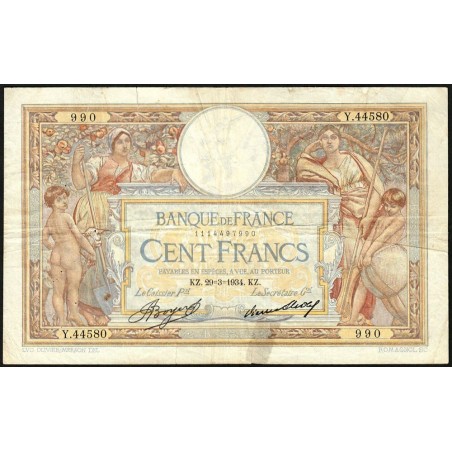 F 24-13 - 29/03/1934 - 100 francs - Merson grands cartouches - Série Y.44580 - Etat : TB