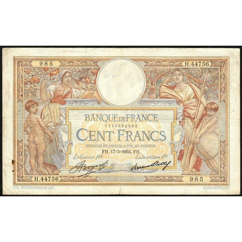 F 24-13 - 17/05/1934 - 100 francs - Merson grands cartouches - Série H.44756 - Etat : TB+